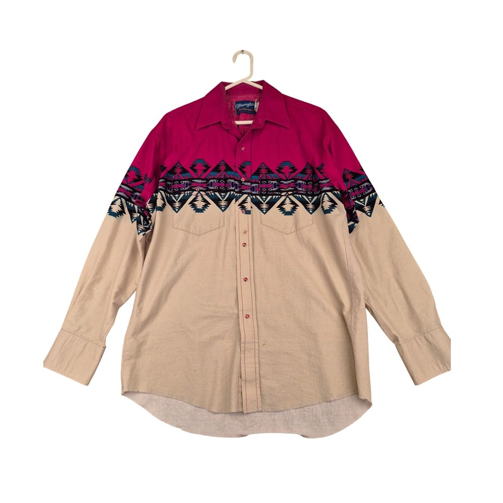 Wrangler Western Shirt Mens Large Red Tan Aztec Geometric Pearl Snap VTG